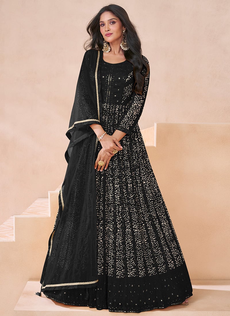 Black Georgette Printed Sequins Anarkali Suit Festive Wear