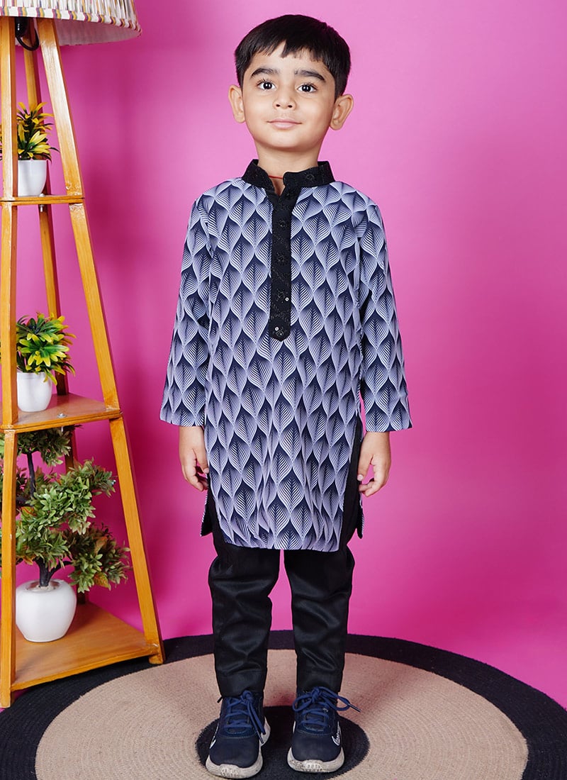 Black Georgette Printed Stylish Kurta Pyjama For Kids Boys