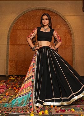 Black Georgette Printed With Mirror And Kutch Work Chaniya Choli