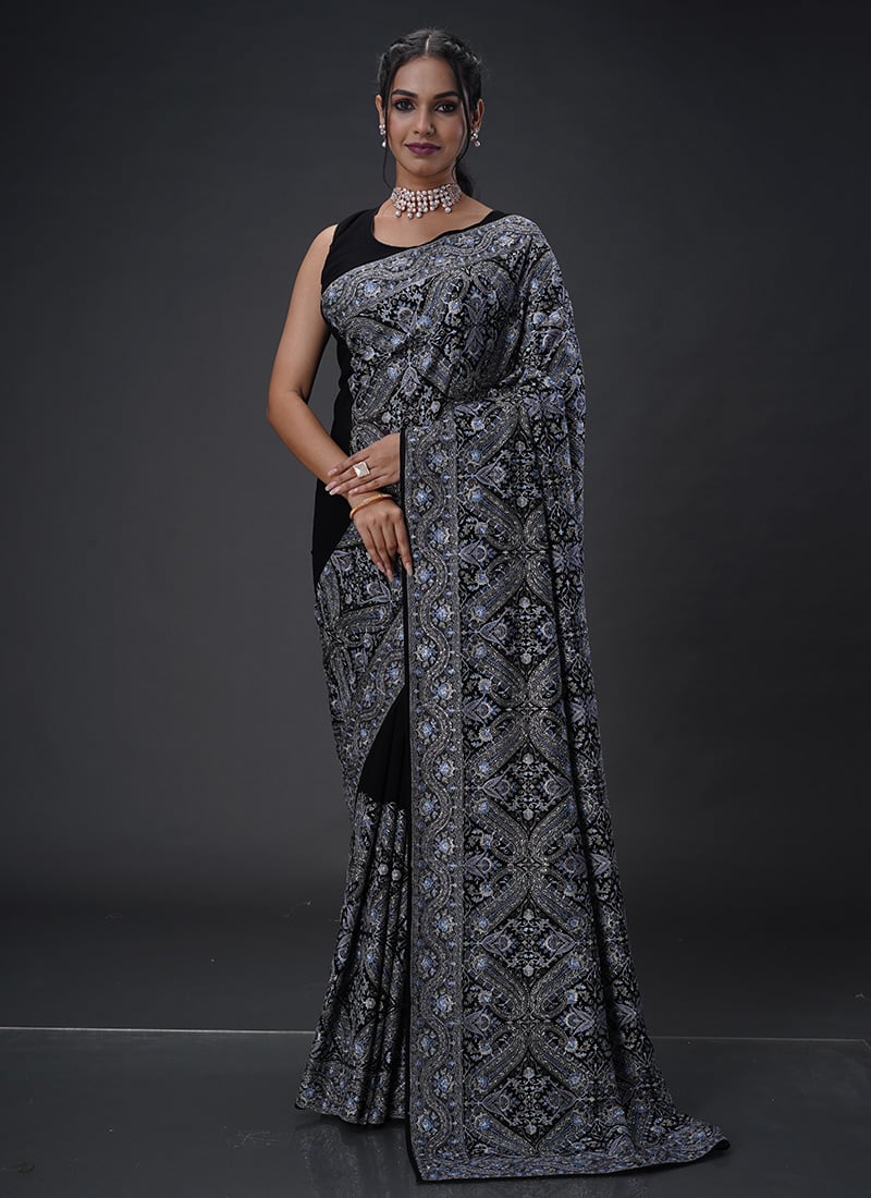 Black Georgette Resham Embroidered Saree
