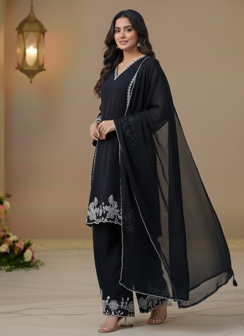 Black Georgette Resham Straight Pant Suit Festive Wear