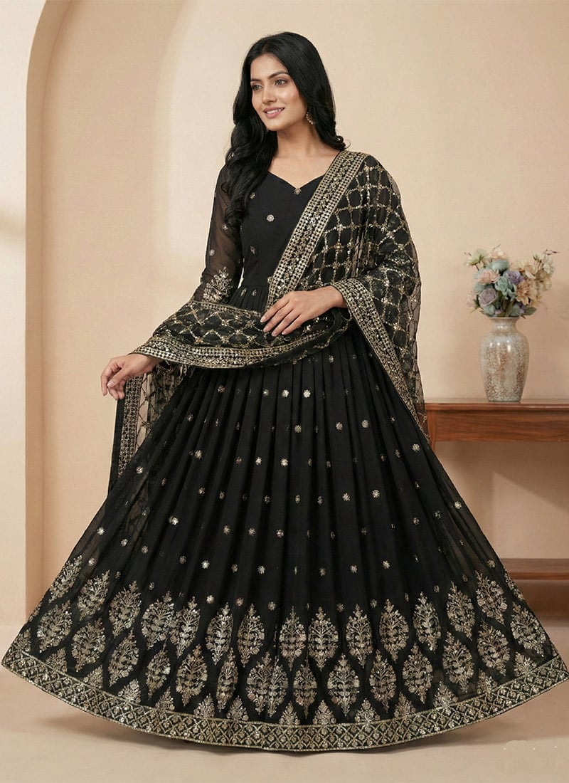 Black Georgette Sequins Embroidered Anarkali Suit Festive Wear