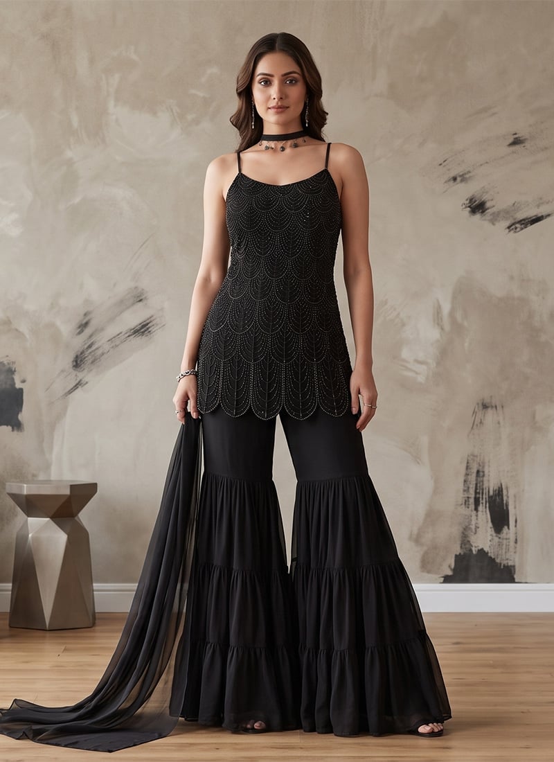 Black Georgette Sequins Embroidered Sharara Suit Wedding Wear