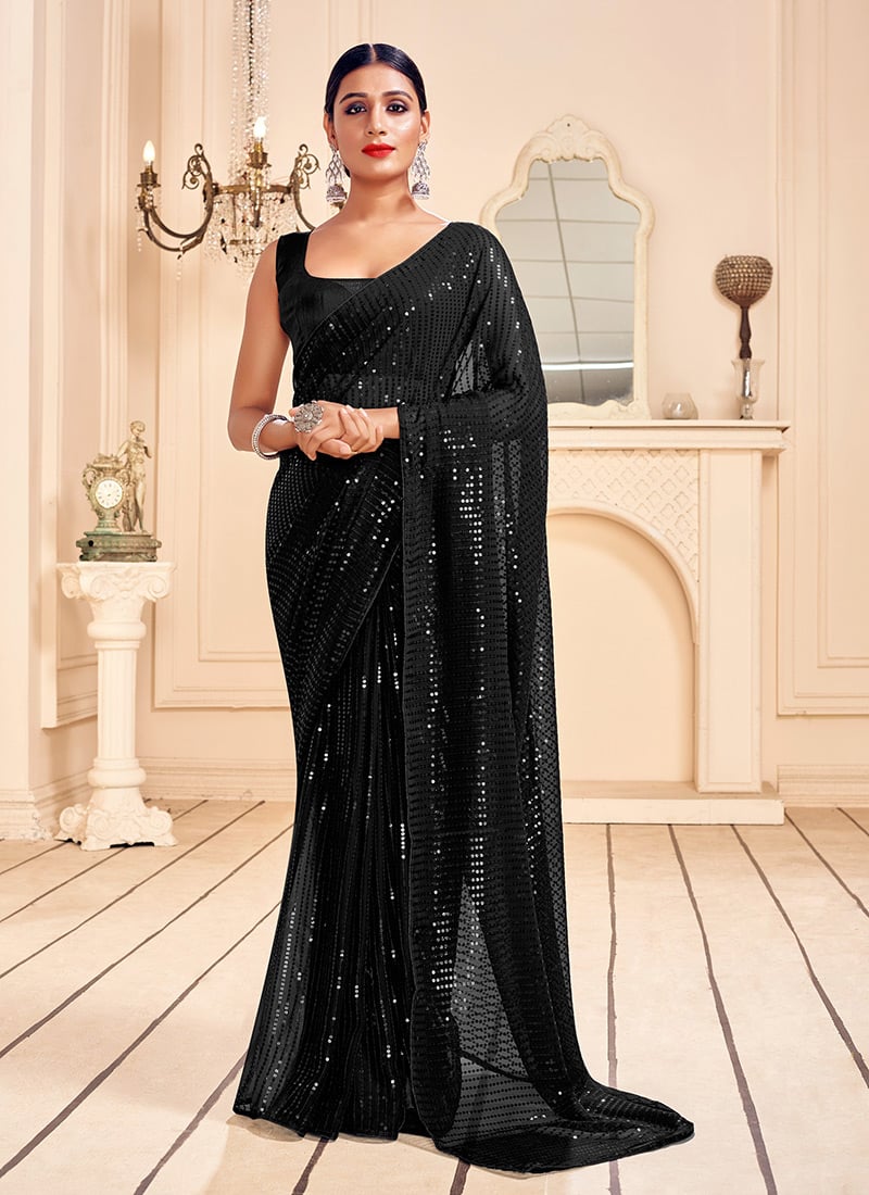 Black Georgette Sequins Embroidery Saree Party Wear