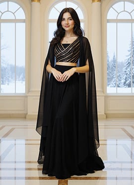 Black Georgette Sequins Hand Embroidered Indowestern Jacket Skirt Set