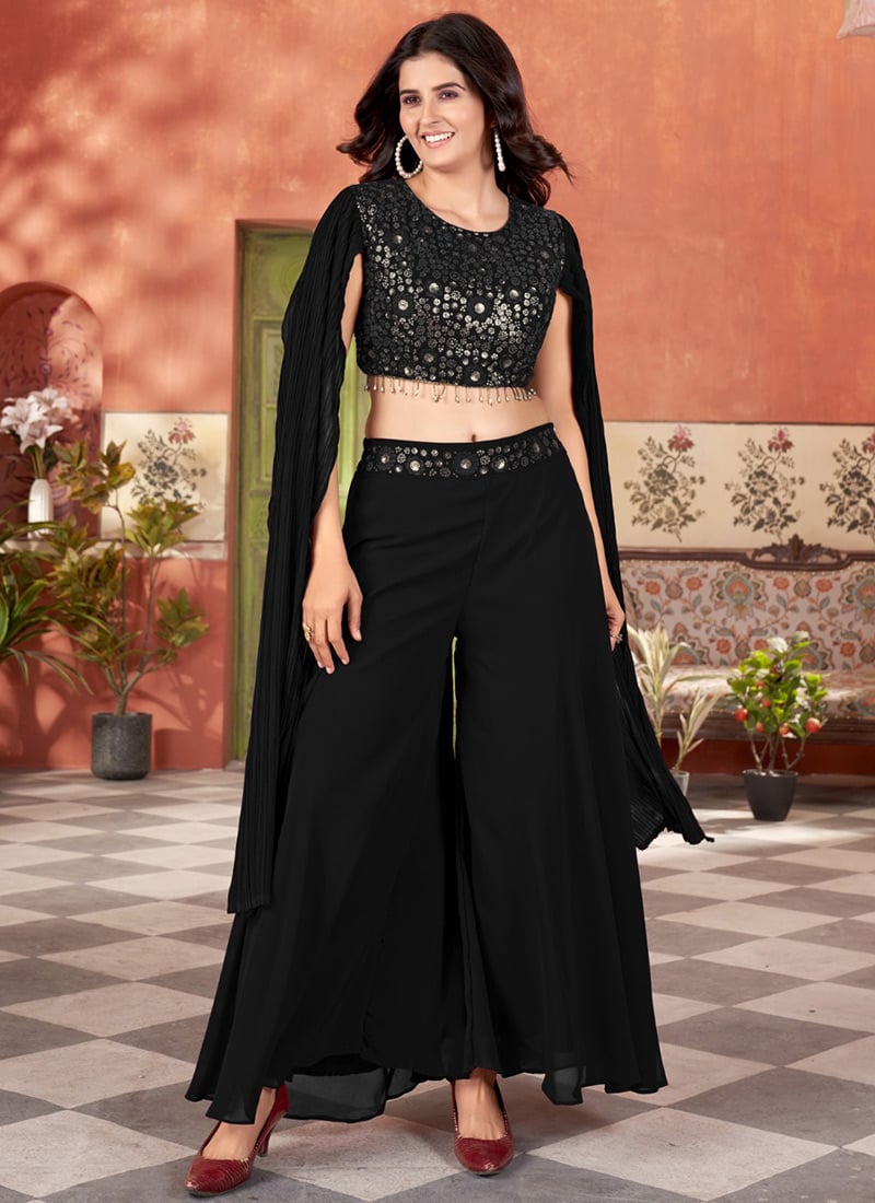 Black Georgette Sequins Indowestern Palazzo Set