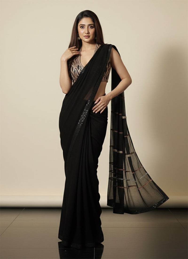 Black Georgette Sequins Stones Embellished Saree Wedding Wear