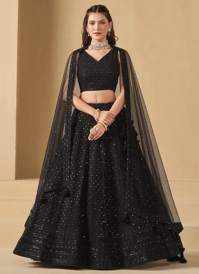 Black Georgette Sequins Thread Embroidered Umbrella Lehenga