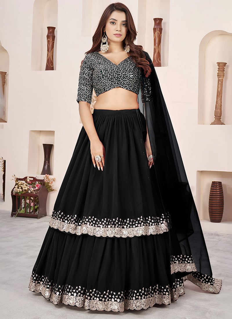 Black Georgette Sequins Zari Embroidered Lehenga Wedding Wear
