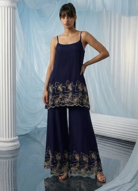 Black Georgette Sequins Zari Zardosi Hand Embroidered Indowestern Palazzo Set