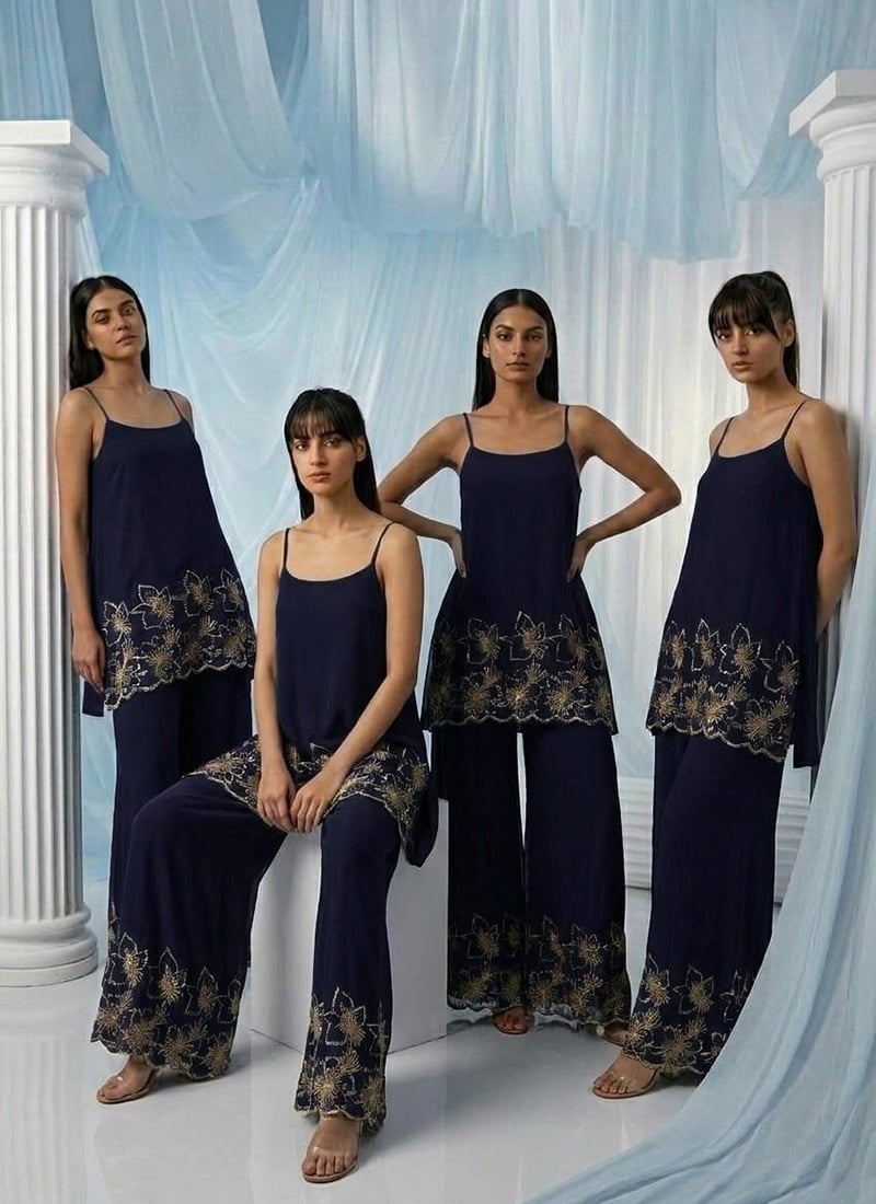Black Georgette Sequins Zari Zardosi Hand Embroidered Indowestern Palazzo Set Wedding Wear