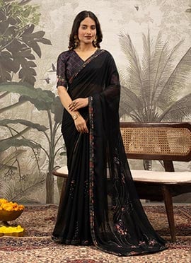 Black Georgette Silk Printed And Stones Saree