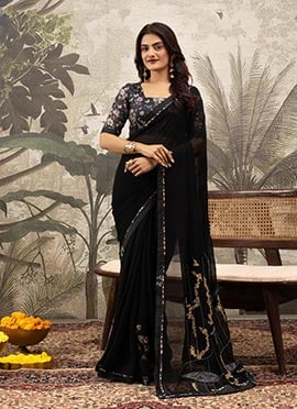 Black Georgette Silk Printed And Tikki Work Saree