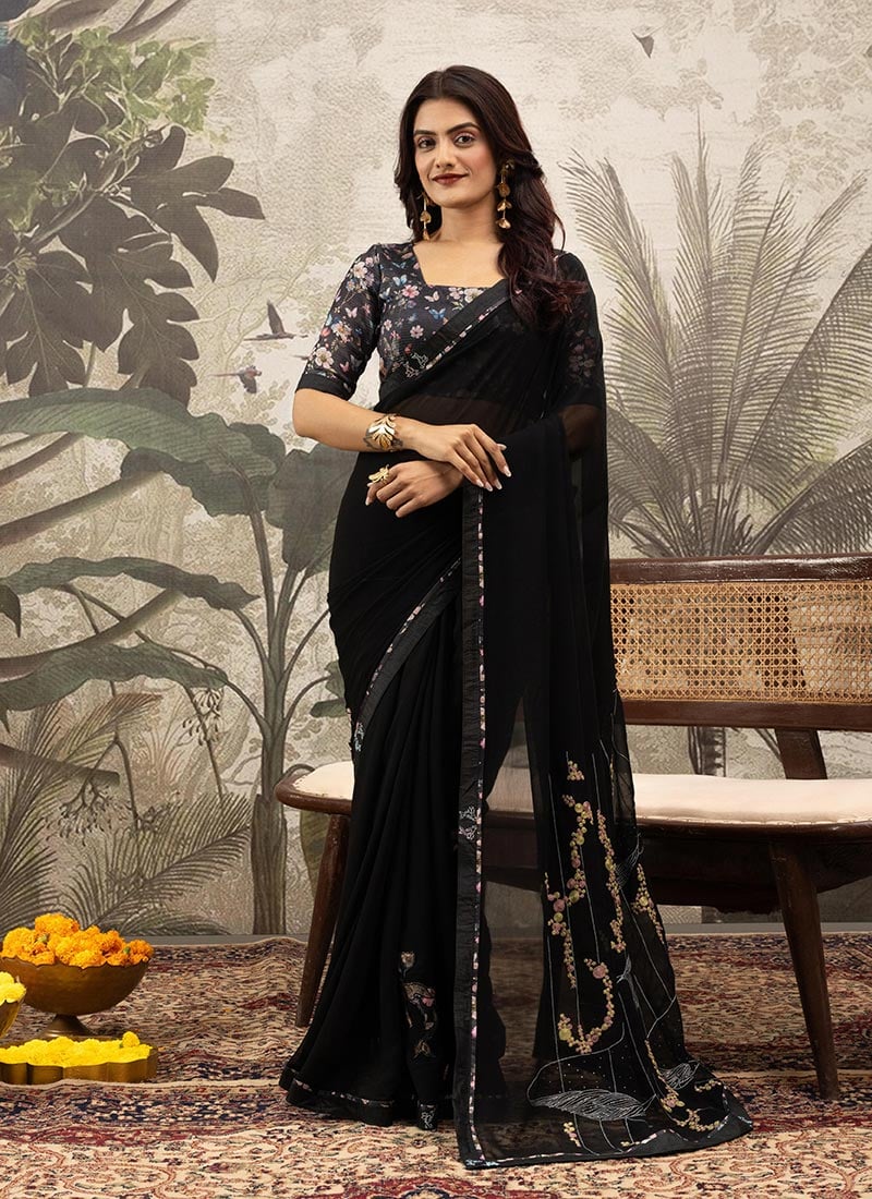 Black Georgette Silk Printed And Tikki Work Saree After Six Wear