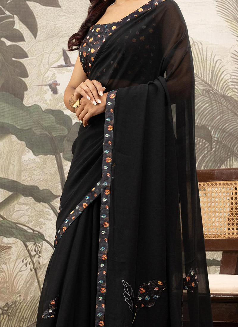 Indian Women Vintage Sari Black & Ivory 100% Pure Georgette Silk Printed Saree Sewing 5yd Soft Craft Floral Wrap Boho Dressmaking Crafting