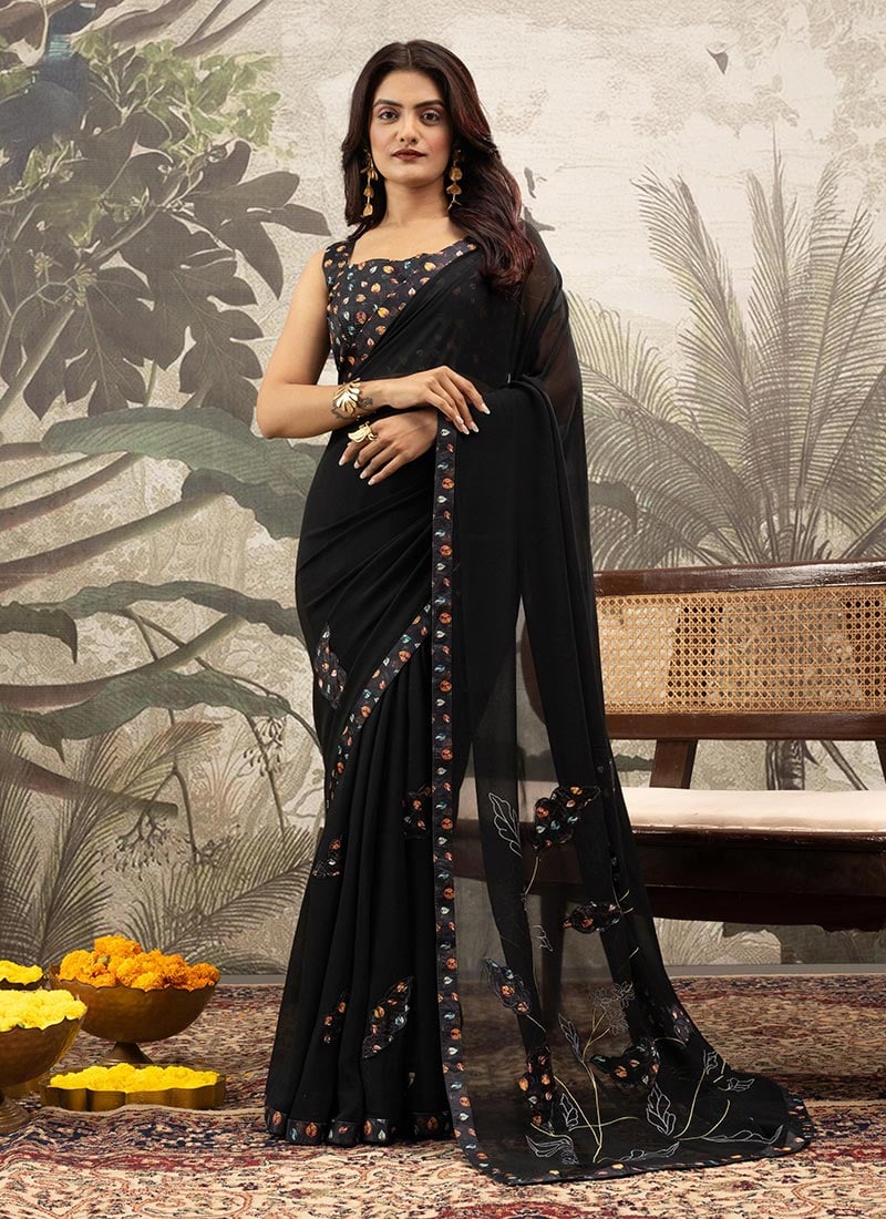 Black Georgette Silk Printed Saree After Six Wear