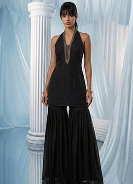 Black Georgette Stone Work Cut Dana Hand Embroidered Indowestern Co Ord Set