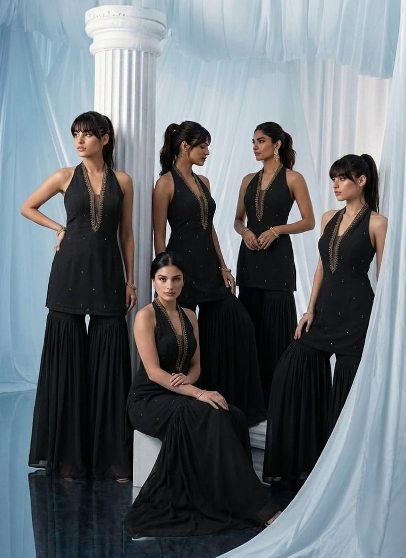 Black Georgette Stone Work Cut Dana Hand Embroidered Indowestern Co Ord Set Wedding Wear