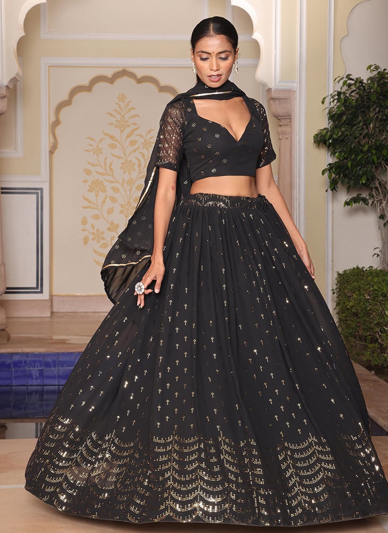 Black Georgette Tikki Work Lehenga