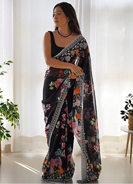 Black Georgette With Stunning Floral Digital Print Saree
