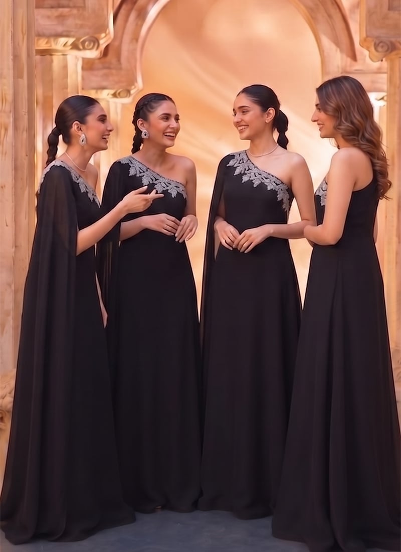 Black Georgette Zardosi Embroidered Sequins With Stones Indo Western Gown After Six Wear