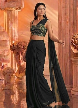 Black Georgette Zardosi Sequins With Stones Pre Draped Indo Western