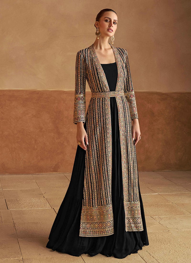 Black Georgette Zari Embroidered Sequins And Stone Hand Work Gown With Jacket Festive Wear