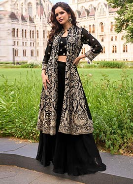 Black Georgette Zari Embroidered Sequins Indowestern Jacket Palazzo Set Wedding Wear