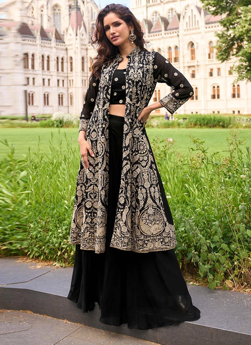 Black Georgette Zari Embroidered Sequins Indowestern Jacket Palazzo Set Wedding Wear