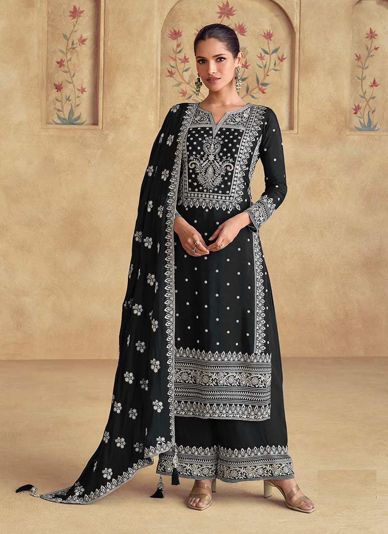 Black Georgette Zari Embroidered Sequins Palazzo Suit Festive Wear