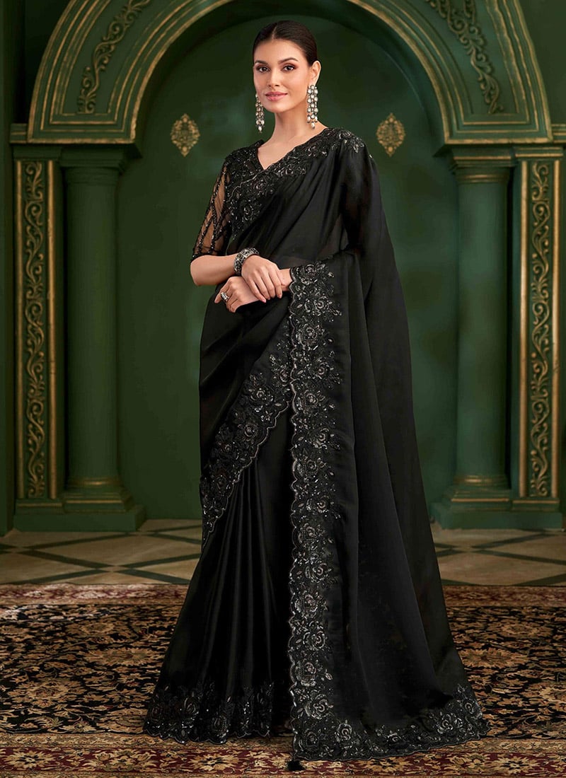 Black Georgette Zari Embroidered Sequins Saree Wedding Wear