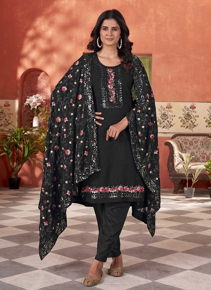 Black Georgette Zari Embroidered Sequins Straight Pant Suit Festive Wear