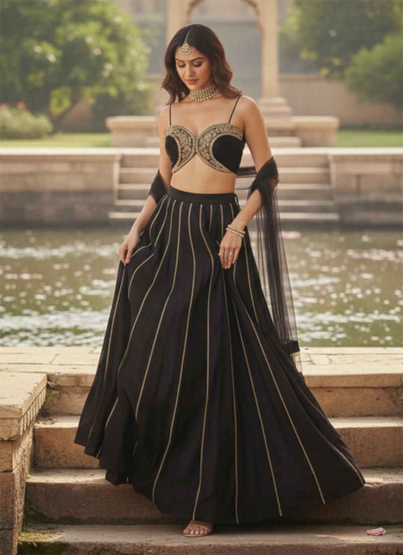 Black Georgette Zari Hand Embroidered Sequins With Stone Work Lehenga Wedding Wear
