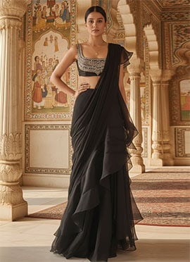 Black Georgette Zari Hand Embroidered With Mirror Work Ruffled Saree