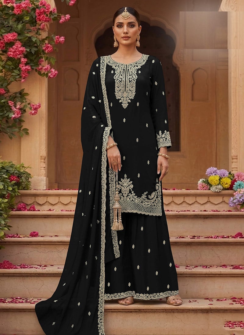 Black Georgette Zari Sequin Embroidered Palazzo Suit Festive Wear