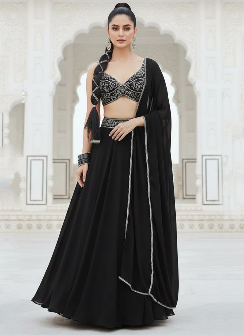 Black Georgette Zari Sequins A Line Lehenga Wedding Wear