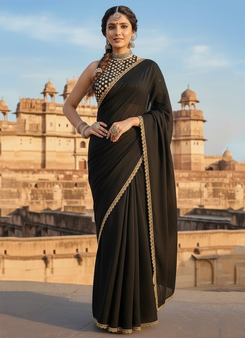 Black Georgette Zari Sequins Embellished Saree Wedding Wear