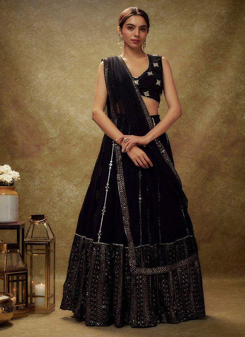 Black Georgette Zari Sequins Foil Mirror A Line Lehenga Festive Wear