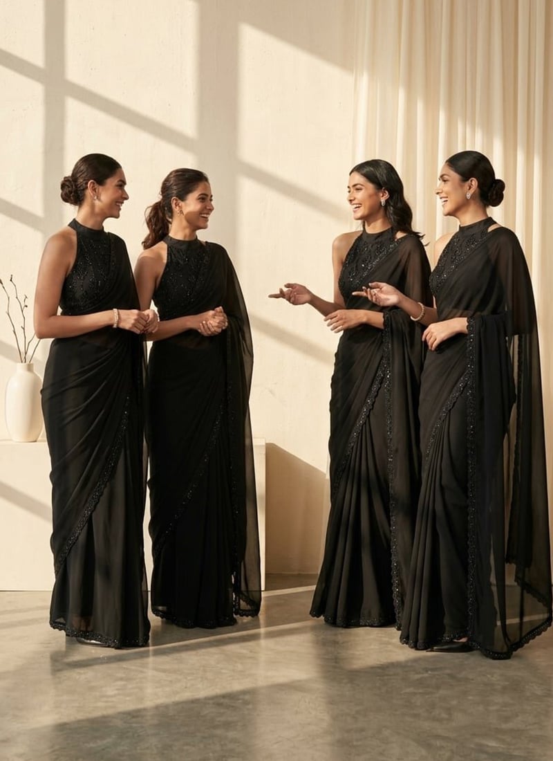 Black Georgette Zari Sequins Hand Embroidered Saree Festive Wear
