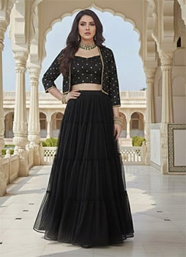 Black Georgette Zari Sequins Indowestern Skirt Set With Jacket