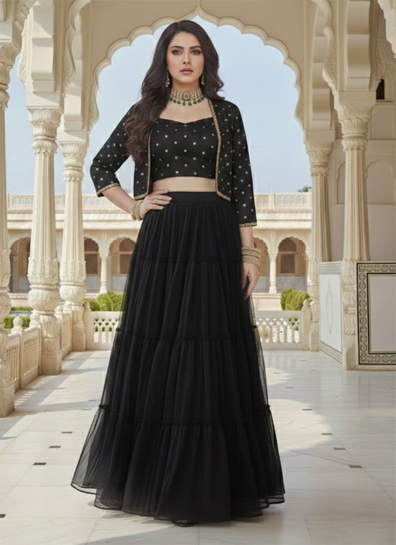 Black Georgette Zari Sequins Indowestern Skirt Set With Jacket After Six Wear