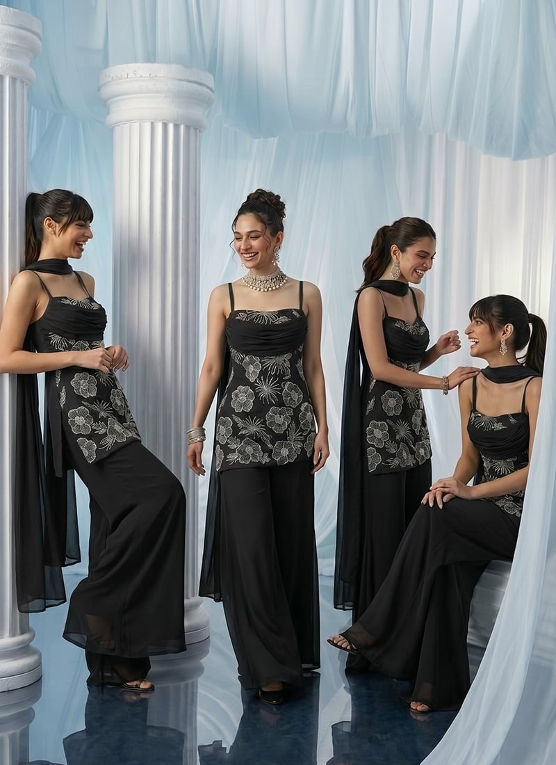 Black Georgette Zari Stones Hand Embroidered Cut Dana Palazzo Suit Wedding Wear