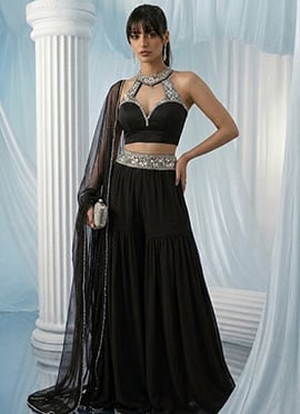 Black Georgette Zari Stones Hand Embroidered Indowestern Palazzo Set