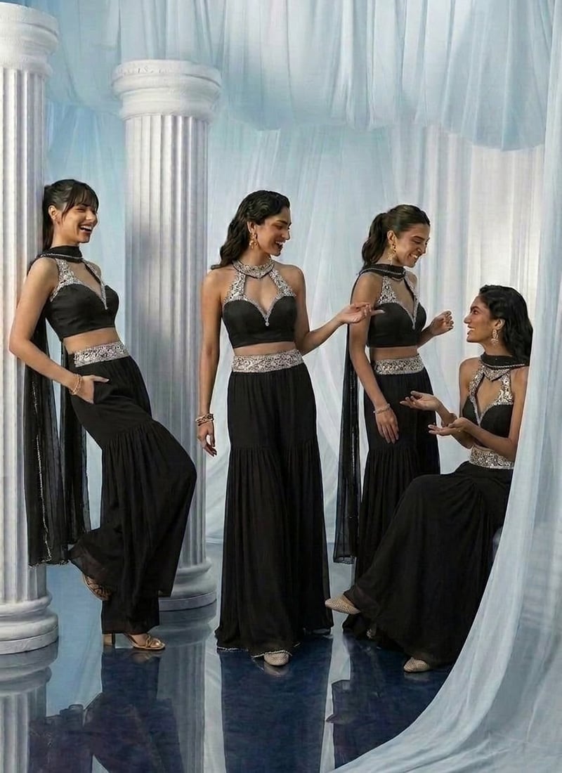 Black Georgette Zari Stones Hand Embroidered Indowestern Palazzo Set Wedding Wear