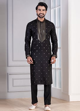 Black Glame Cotton Sequins Thread Kurta Pyjama