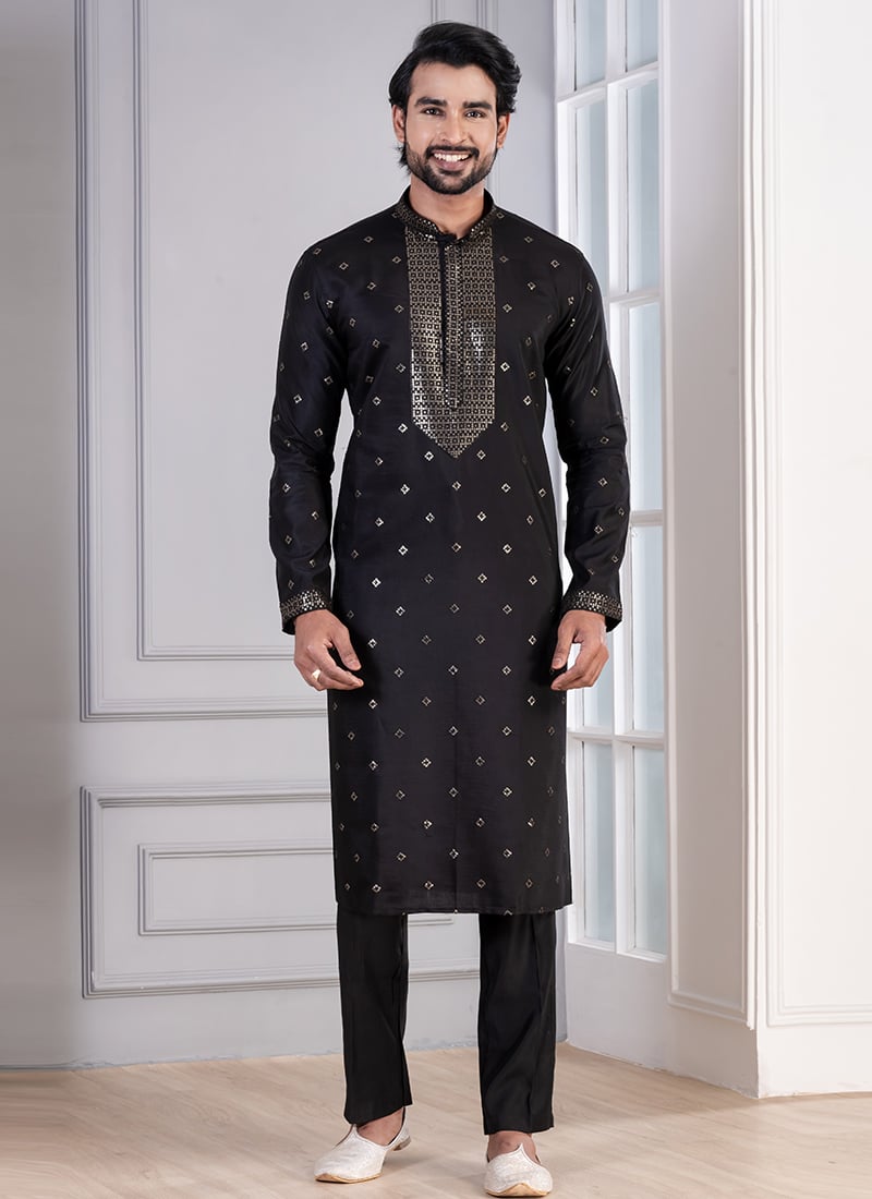 Black Glame Cotton Sequins Thread Kurta Pyjama Festive Wear