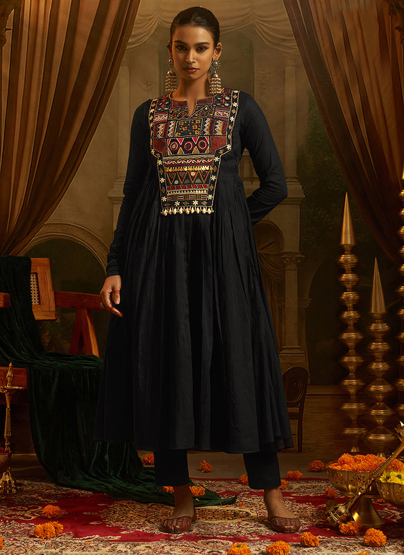 Black Hand Embroidered Mirror Work Kurta Straight Pant Set Festive Wear