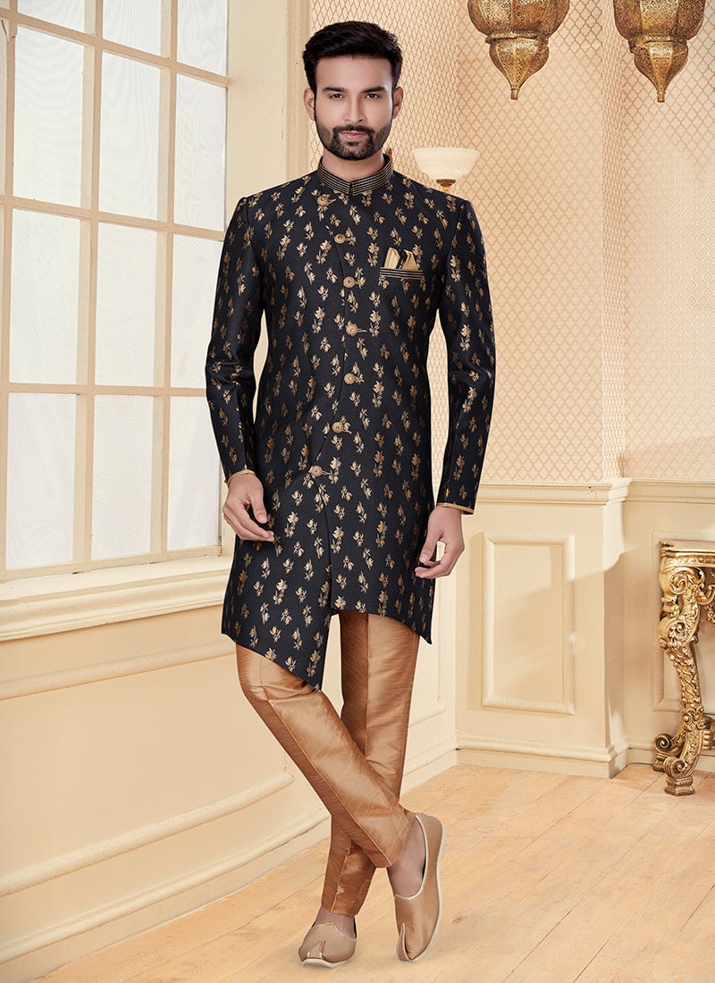 Black Heavy Jacquard Zari work Classic Sherwani Wedding Wear