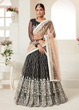 Black Heavy Net Sequins Embroidery Umbrella Lehenga
