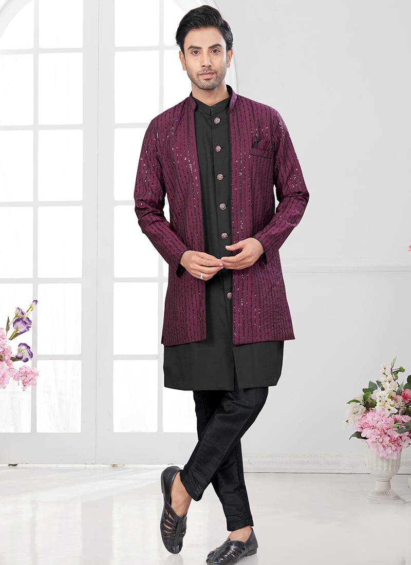 Black Imported Silk Embroidered Sequins Indowestern Sherwani Wedding Wear